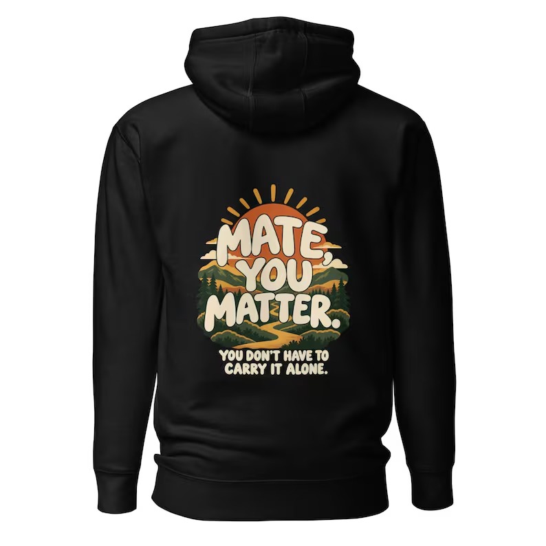 Black Mate You Matter hoodie with a large sunrise and forest back print